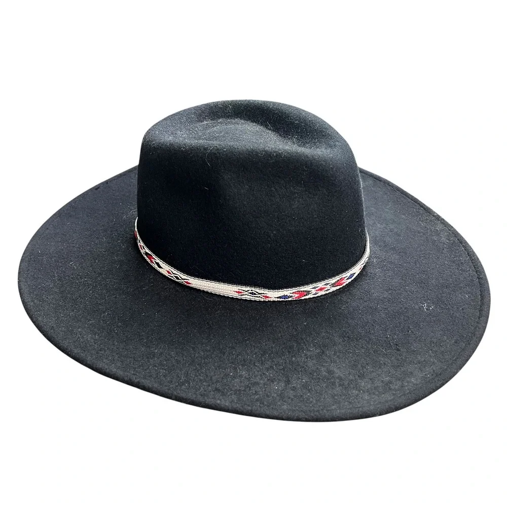 Wyeth Black Wool Felt Fedora Hat with Woven Geometric Band Adjustable OS